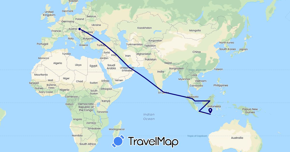 TravelMap itinerary: driving in United Arab Emirates, Hungary, Indonesia, Sri Lanka, Malaysia, Singapore (Asia, Europe)